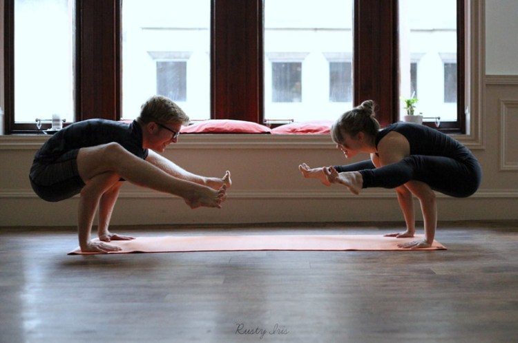 YOGALEN and Laura doing titibasana or firefly pose